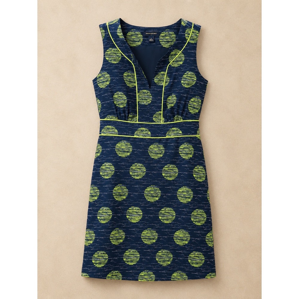 Banana Republic Women Dress 4 Navy Lime Polka Dot Sheath Sleeveless S/304774-00
